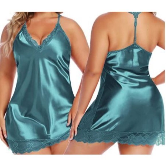 SIZE Small Thru 4X - Turquoise Satin Chemise - Picture 2 of 4